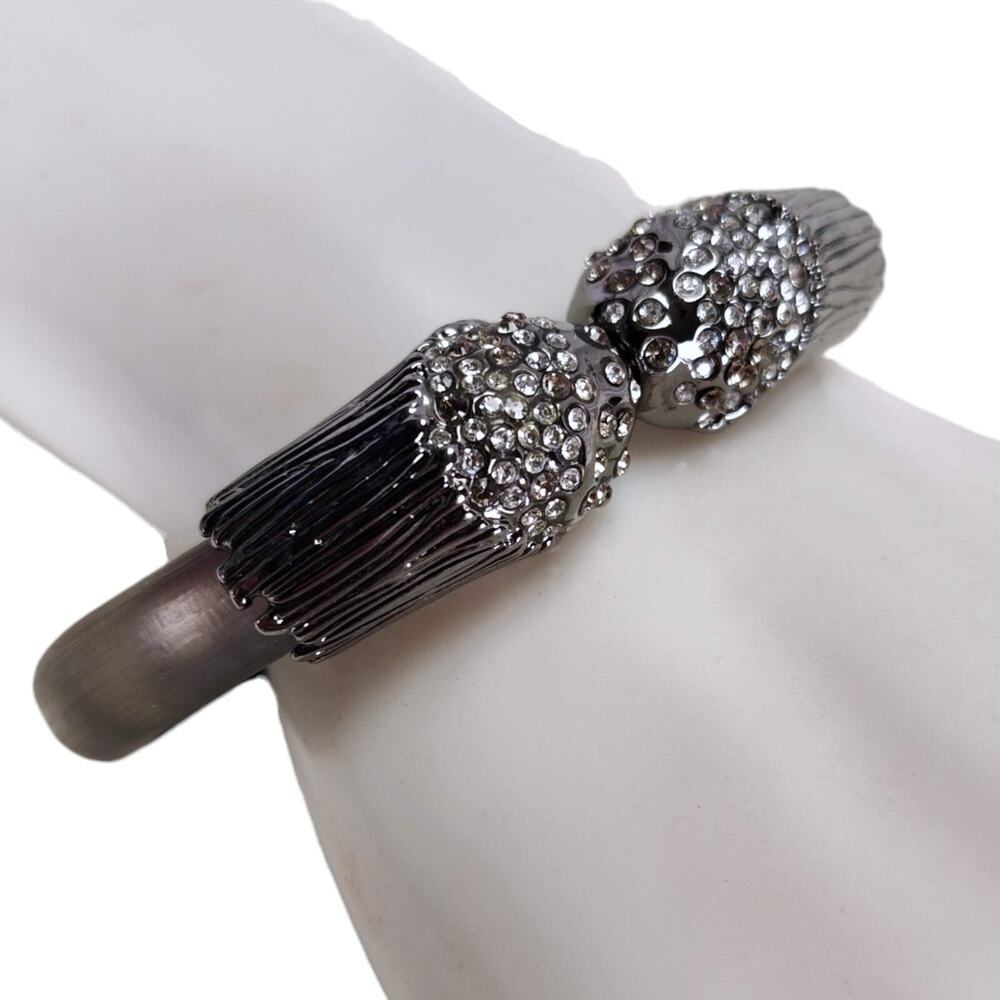 Alexis Bittar Smoky Lucite Rhinestone Clamper Bracelet Gunmetal Signed